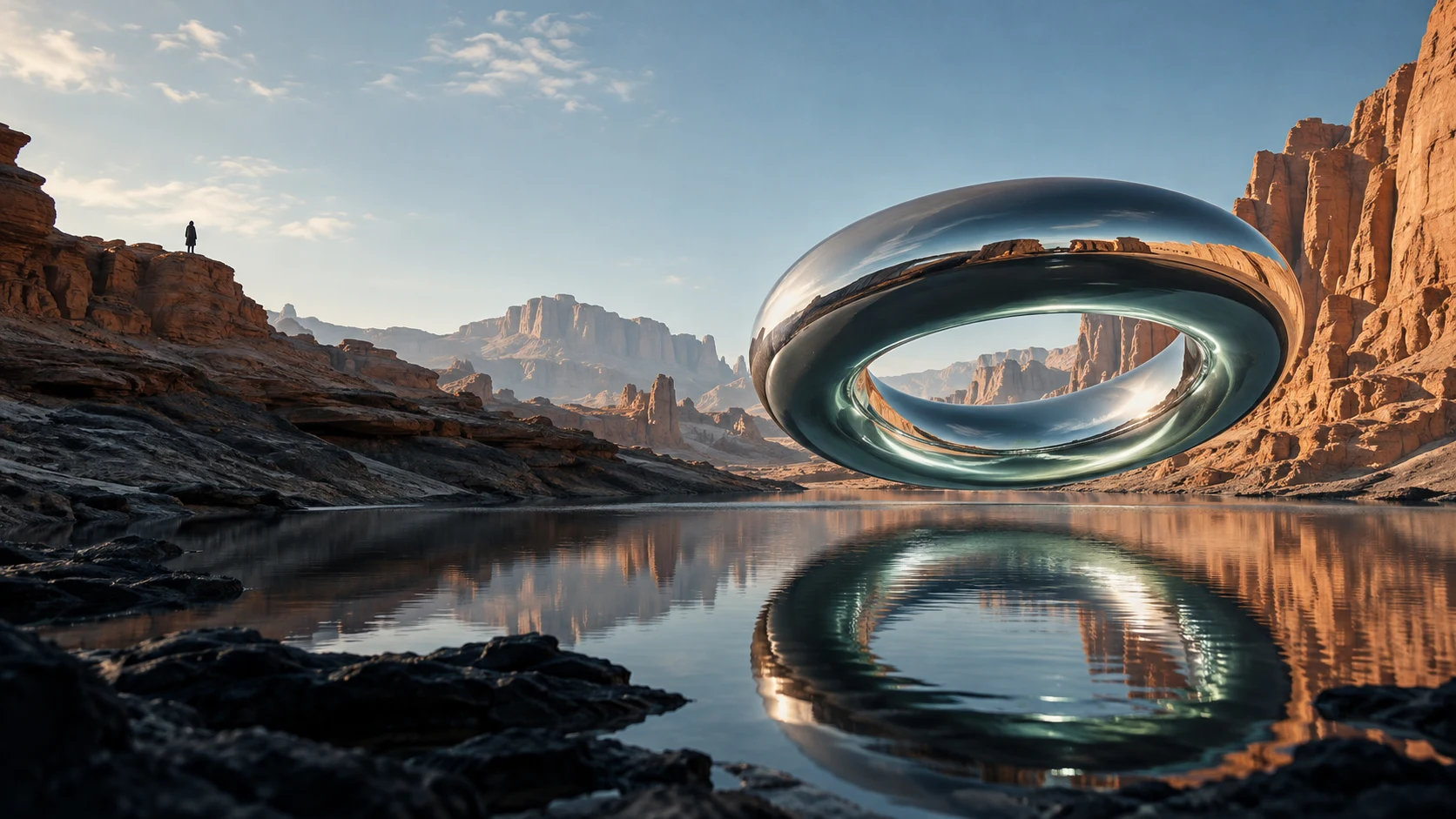 A chrome ring suspended above still water in a sandstone canyon