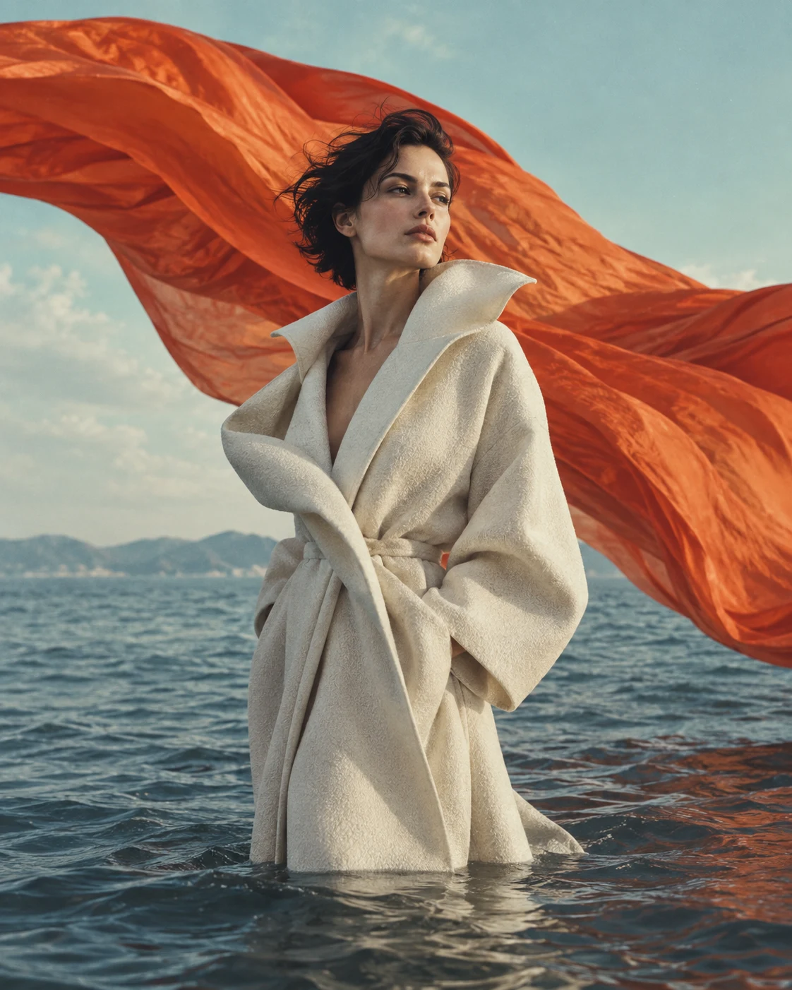 An editorial portrait with orange fabric moving above the water