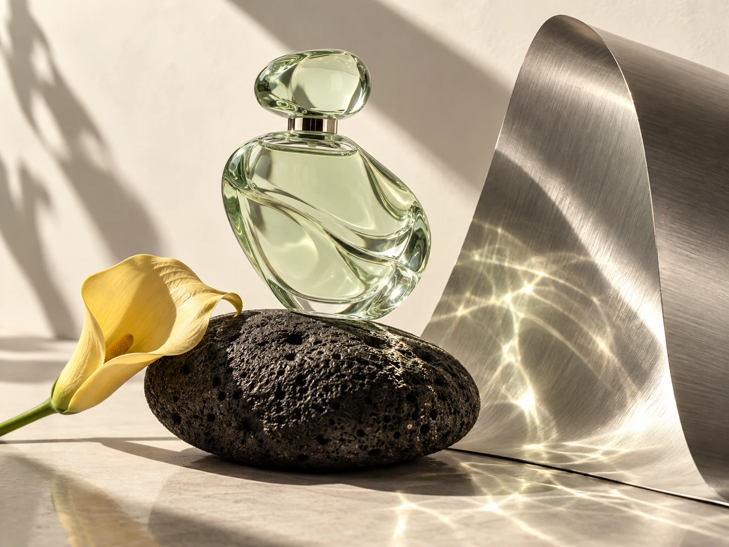 Mint glass, polished metal and a flower in a sculptural still life
