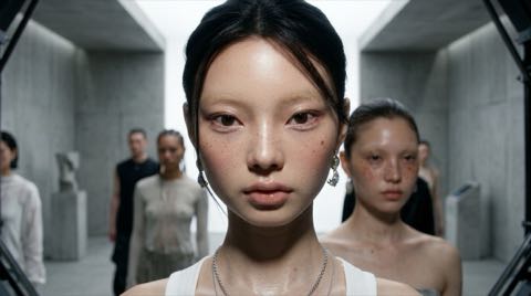 AI-generated creative starter showing a dark-haired woman in a corridor